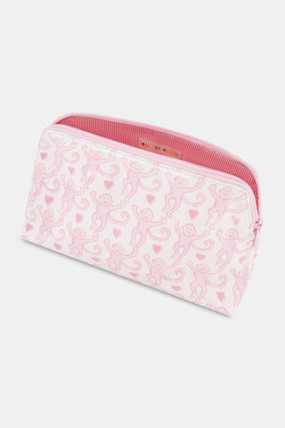 The Lovely Monkey Makeup Bag is a rectangular cotton canvas bag with playful pink monkeys and hearts, plus a pink-striped interior. Stylish and practical for everyday use.