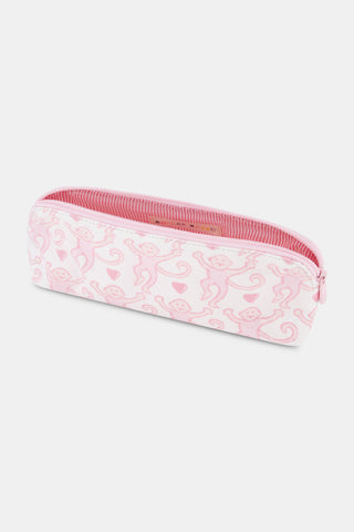 The Lovely Monkey Makeup Bag is a pink and white zippered cotton canvas bag, featuring a playful monkey pattern and a pink and white striped lining.