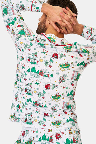 ROLLER RABBIT GREEN MENS SNOW VILLAGE LONG SLEEVE POLO PAJAMAS