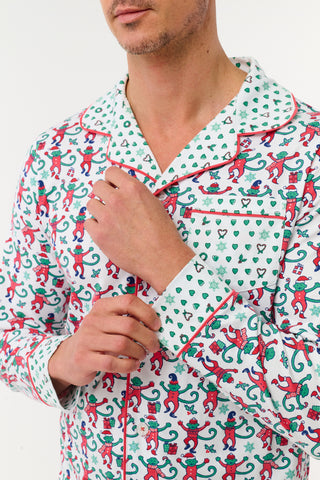 Roller Rabbit Green Mens Monkey Mas Patchwork Long Sleeve Polo Pajamas