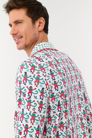 Roller Rabbit Green Mens Monkey Mas Patchwork Long Sleeve Polo Pajamas