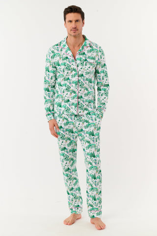 Roller Rabbit Green Mens Ski Toile Long Sleeve Polo Pajamas