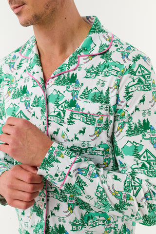 Roller Rabbit Green Mens Ski Toile Long Sleeve Polo Pajamas
