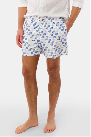 Man wearing blue and white whale patterned swim trunks