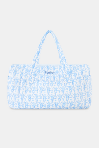 The Roller Rabbit Lovely Monkey Quilted Weekender is a rectangular travel bag with two handles, crafted from nylon, and features a white background with a light blue abstract swirl pattern.