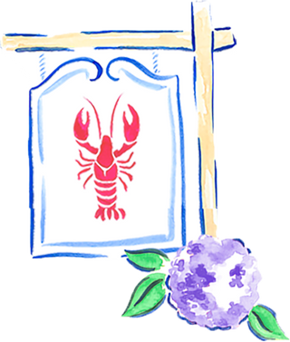 A hand-drawn sign with a red lobster illustration hangs from a wooden post. At the base of the post, a purple hydrangea flower with lush green leaves adds a charming, coastal touch.