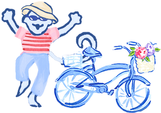A cheerful cartoon cat wearing a hat, sunglasses, and striped shirt jumps next to a blue bicycle with a basket of colorful flowers, exuding playful energy.