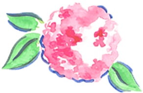 A watercolor illustration of a soft pink, fluffy flower with a blue outline and vibrant green leaves, delicately set against a plain white background.