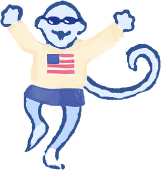 A blue cartoon monkey wearing sunglasses, a cream sweater with an American flag, and a blue skirt jumps with arms raised, smiling playfully.