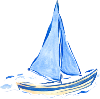 A watercolor illustration of a sailboat with blue sails and a yellow-striped hull, drifting peacefully on gentle blue waves.