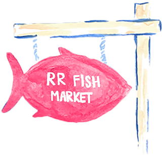 A red fish-shaped sign with RR Fish Market written on it hangs from a wooden frame, evoking the charm of a coastal market.