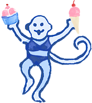 A smiling blue monkey in a swimsuit holds a cupcake in one hand and an ice cream cone with a cherry on top in the other, creating a whimsical and playful scene.