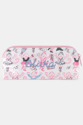 The Monkey Pirouette Makeup Bag by Roller Rabbit is a white cotton canvas cosmetic pouch adorned with pink monkeys dancing alongside ballerinas and scattered musical notes.