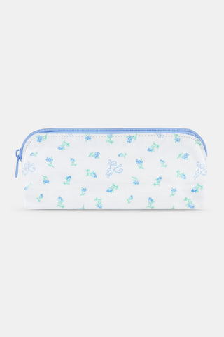 Introducing the Mini Monkey Blossom Makeup Bag by Roller Rabbit—a yellow cotton canvas bag featuring a pink zipper, playful illustrated monkeys, and a charming pattern of small purple flowers with green leaves. Perfect for use as a yellow floral makeup bag or handy travel storage.
