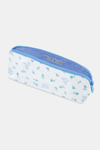 Introducing the Mini Monkey Blossom Makeup Bag by Roller Rabbit—a yellow cotton canvas bag featuring a pink zipper, playful illustrated monkeys, and a charming pattern of small purple flowers with green leaves. Perfect for use as a yellow floral makeup bag or handy travel storage.