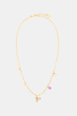 MADISON 501 Monkey Mixed Charm Necklace featuring a gold plated monkey charm, a small heart pendant, a pearl bead, and a circular charm.