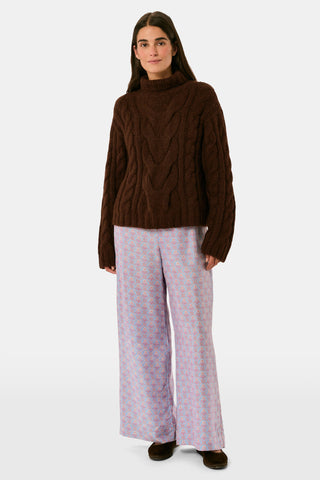 SAPPHIRE Mia Floral Paige Pant ice blue wide-leg lounge pants in silk dupioni featuring a repeating floral and geometric pattern and an elasticized drawstring waist.