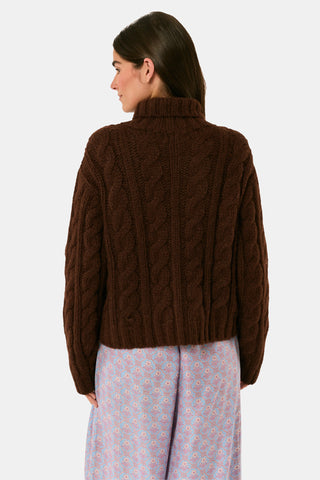 A person wearing a cozy, chocolate brown Naomi Sweater by REVOLUTION KNITS, featuring a cable-knit design and a high turtleneck.