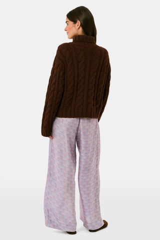 SAPPHIRE Mia Floral Paige Pant ice blue wide-leg lounge pants in silk dupioni featuring a repeating floral and geometric pattern and an elasticized drawstring waist.