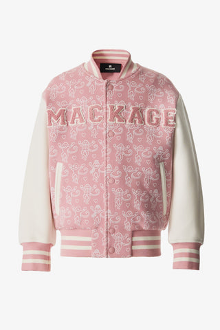 Pink bomber jacket with white lettering on a white background
