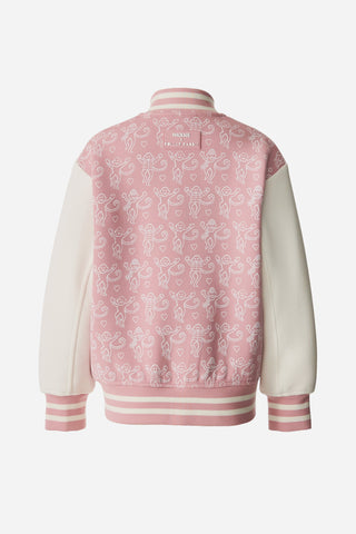 Pink varsity jacket with white pattern on a white background