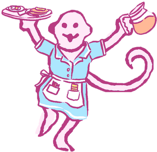 A cartoon monkey wearing a waitress uniform holds a plate of pastries and a pot of coffee, smiling cheerfully with playful charm.
