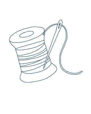 A spool of thread with a needle threaded through it, illustrated in a simple blue line drawing.