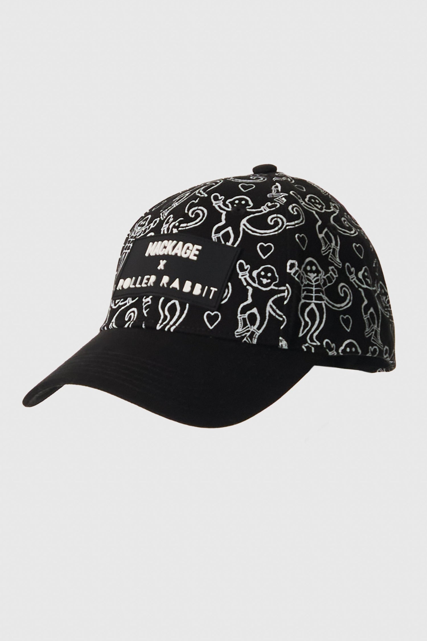 Black cap with white patterns and text on a light gray background  view 2