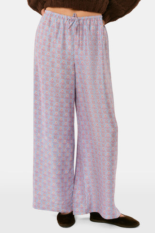 SAPPHIRE Mia Floral Paige Pant ice blue wide-leg lounge pants in silk dupioni featuring a repeating floral and geometric pattern and an elasticized drawstring waist.