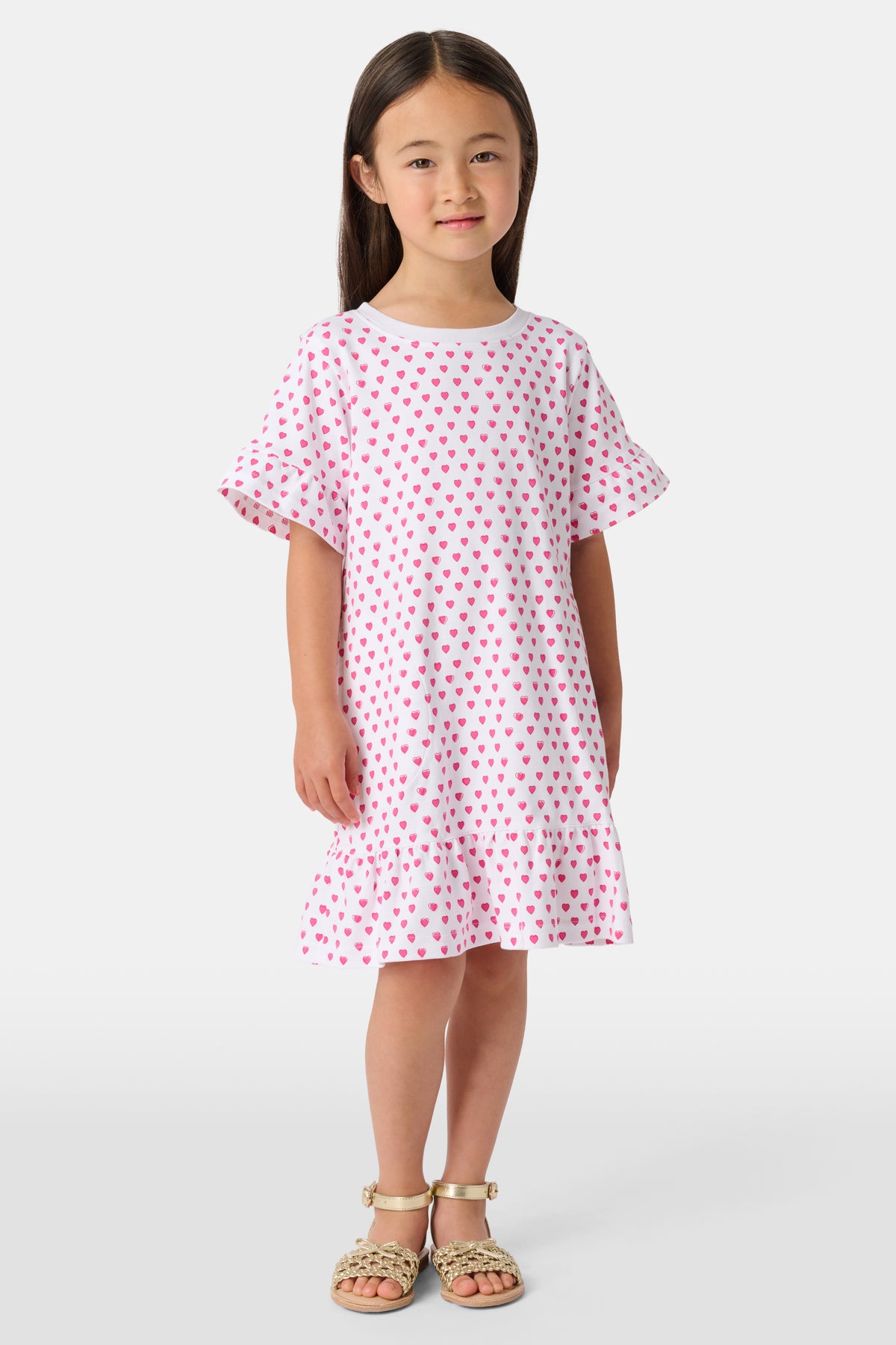 white dress with pink hearts White Heart Ruffle Dress 4XL-10/12 Years