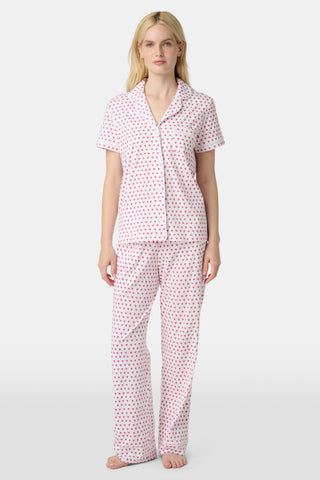 The Hearts Mischa Set is made from white Pima cotton with small, outlined pink hearts and a softly wrinkled texture, creating gentle shadows—perfect for cozy loungewear.