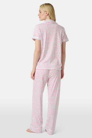 The Hearts Mischa Set is made from white Pima cotton with small, outlined pink hearts and a softly wrinkled texture, creating gentle shadows—perfect for cozy loungewear.