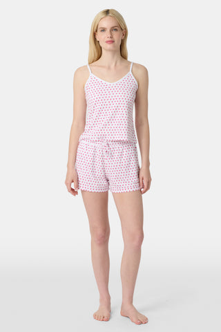 The Hearts Mischa Set is made from white Pima cotton with small, outlined pink hearts and a softly wrinkled texture, creating gentle shadows—perfect for cozy loungewear.