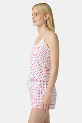 The Hearts Mischa Set is made from white Pima cotton with small, outlined pink hearts and a softly wrinkled texture, creating gentle shadows—perfect for cozy loungewear.