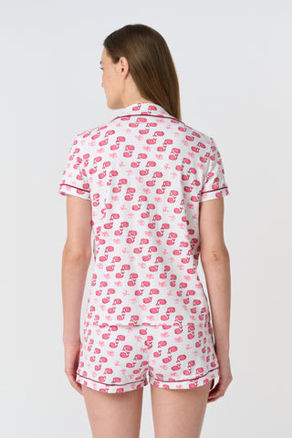 The Moby Polo Pajamas feature a playful pink whale and palm tree pattern on soft Pima cotton, making these women’s short sleeve pajamas a charming choice for fans of tropical whale print sleepwear.