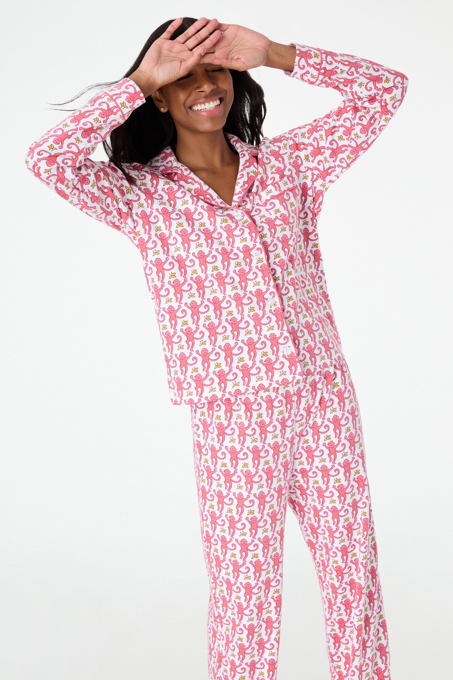 Roller Rabbit Pink Monkey Long Sleeve Polo Pajamas