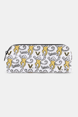 The STREET SMART Vanderbilt Lovely Monkey Makeup Bag features a white zippered pouch adorned with a repeating pattern of yellow monkeys, Vanderbilt text, and Vanderbilt V logos—making it the perfect accessory for carrying your essentials while showcasing your Commodore pride.