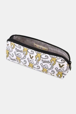 The STREET SMART Vanderbilt Lovely Monkey Makeup Bag features a white zippered pouch adorned with a repeating pattern of yellow monkeys, Vanderbilt text, and Vanderbilt V logos—making it the perfect accessory for carrying your essentials while showcasing your Commodore pride.