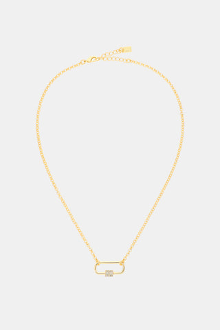 MADISON 501 Pave Carabiner Necklace featuring a gold-tone link chain with a rectangular pavé carabiner pendant and a row of embedded crystals.