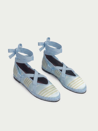 The Positano Stripe Ribbon by FLABELUS is a light blue satin ballet-inspired slipper featuring yellow and white stripes, a pointed toe, blue ankle-wrapping ribbon tie, and a woven sole with visible stitching.