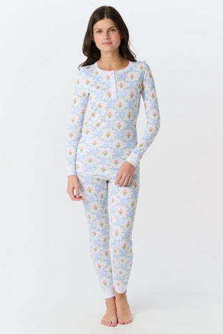 The Roller Rabbit Infant Floral Monkey Trellis Zipper Footie is a long-sleeved, footed onesie made from soft Pima cotton with a blue monkey floral trellis pattern and front diagonal zipper closure.