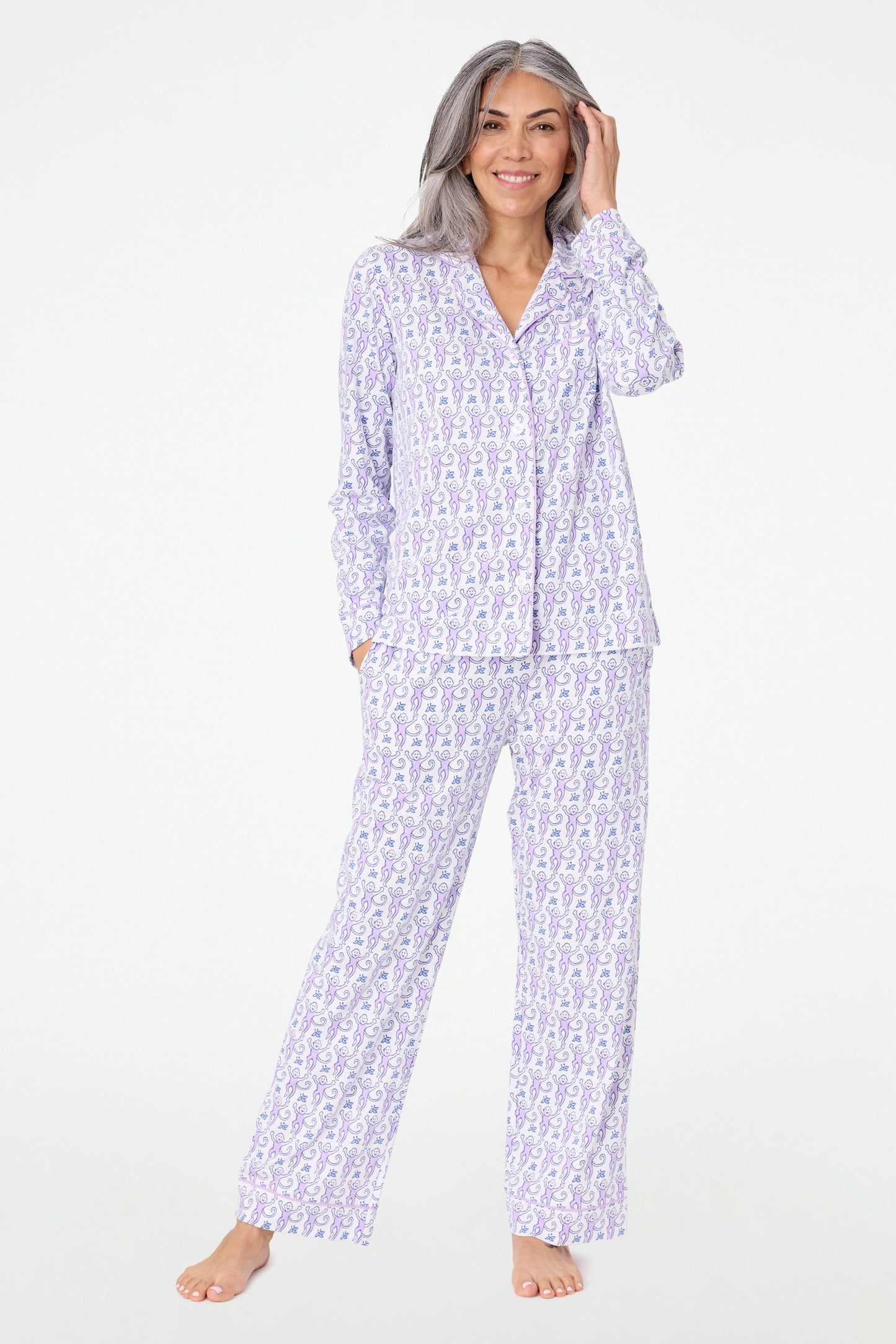 Roller Rabbit Lavender Monkey Long Sleeve Polo Pajamas