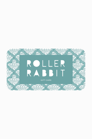 A teal and white gift card with stylized leaves and "Your Complimentary Gift Card" by Roller Rabbit in bold white lettering on a vibrant teal background—perfect for any occasion.