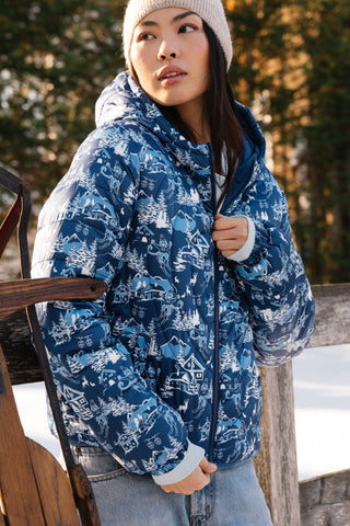 Roller Rabbit Navy Ski Toile Reversible Puffer Jacket