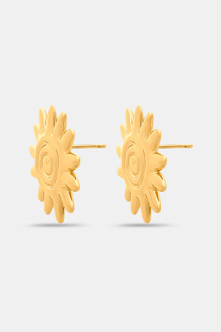 The Roller Rabbit Sunshine Stud Earrings are gold-tone earrings shaped like stylized suns with multiple rays and a spiral center, shown against a plain white background.