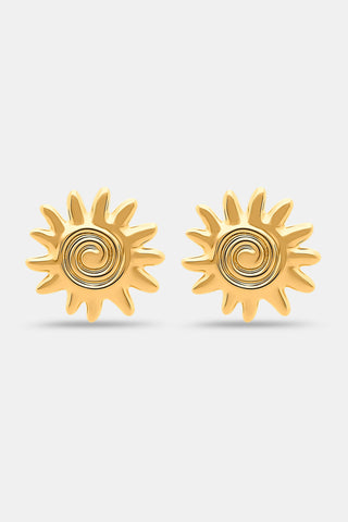 The Roller Rabbit Sunshine Stud Earrings are gold-tone earrings shaped like stylized suns with multiple rays and a spiral center, shown against a plain white background.