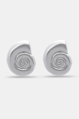 Roller Rabbit Swirl Stud Earrings: silver studs with a glossy finish and raised spiral design at the center, displayed on a plain light grey background.