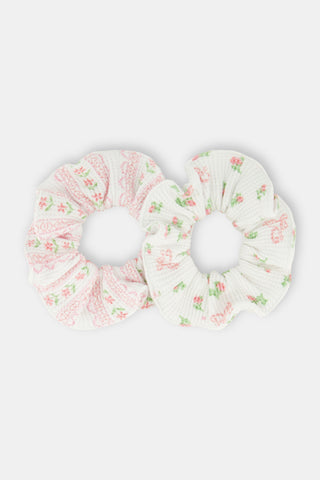 Roller Rabbit Pink Mini Monkey Blossom/Daisy Heart Stripe Scrunchie Set Of 2