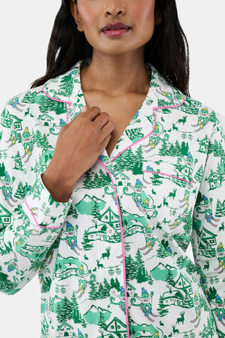 Roller Rabbit Green Ski Toile Long Sleeve Polo Pajamas
