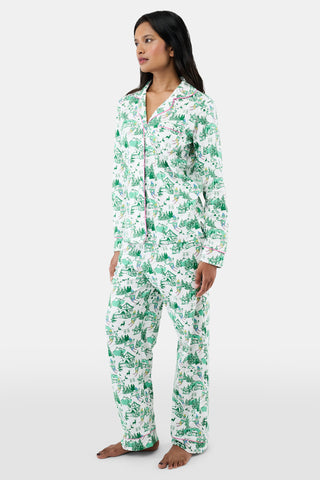 Roller Rabbit Green Ski Toile Long Sleeve Polo Pajamas